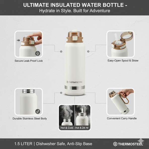 Insulated Water Bottle 1500ml  White Brown